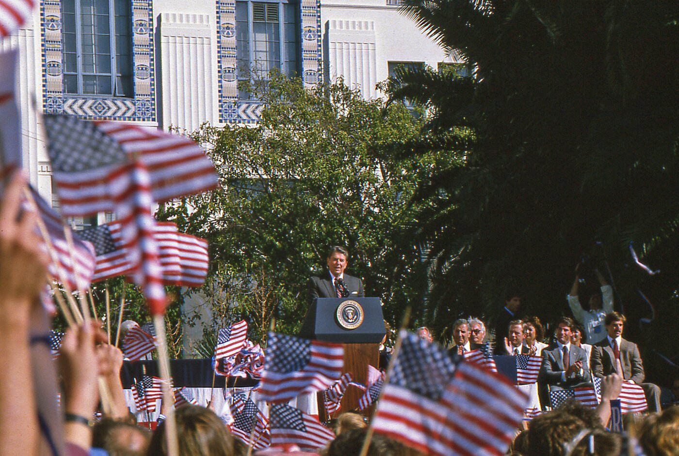 President Ronald Reagan giving a speech at a campaign rally at the San Diego County Administration building