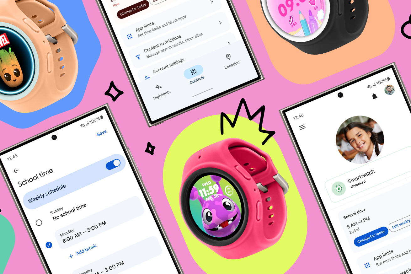 Colorful comic-book like illustration of the new Galaxy Watch for Kids mode and Samsung phones