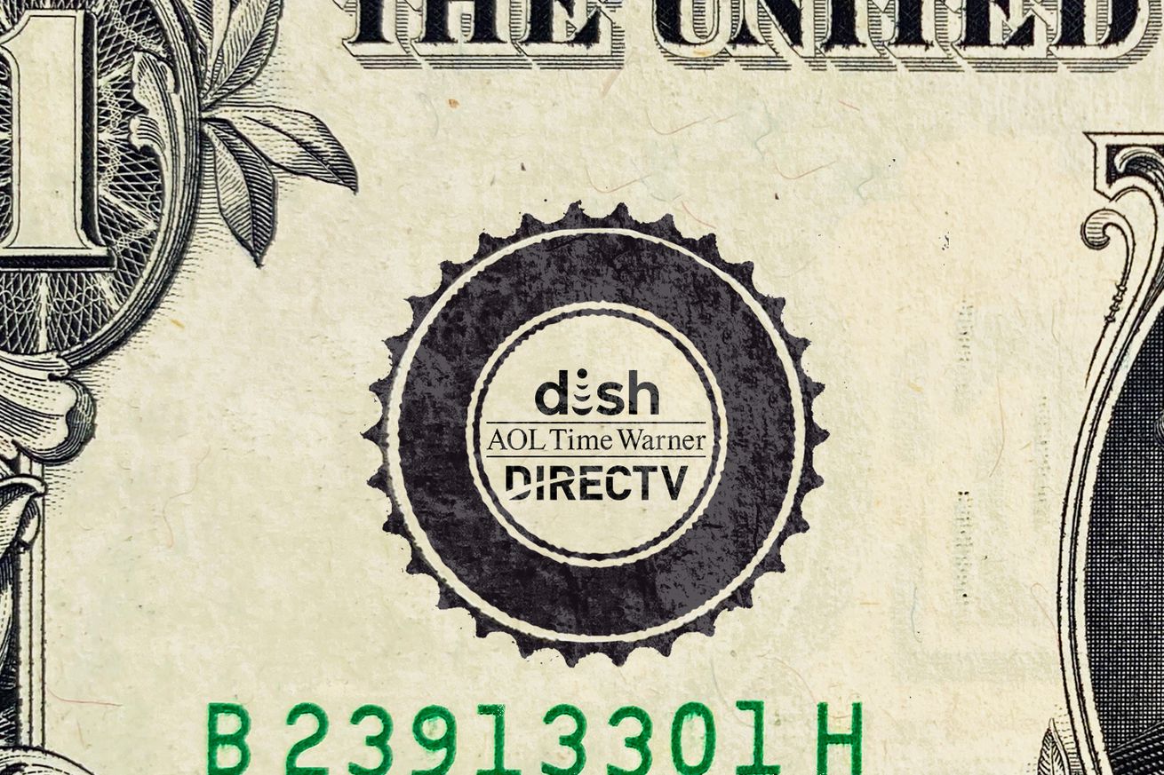 One dollar bill photoshopped to have the Dish, DirecTV, and AOL Time Warner logos on it.